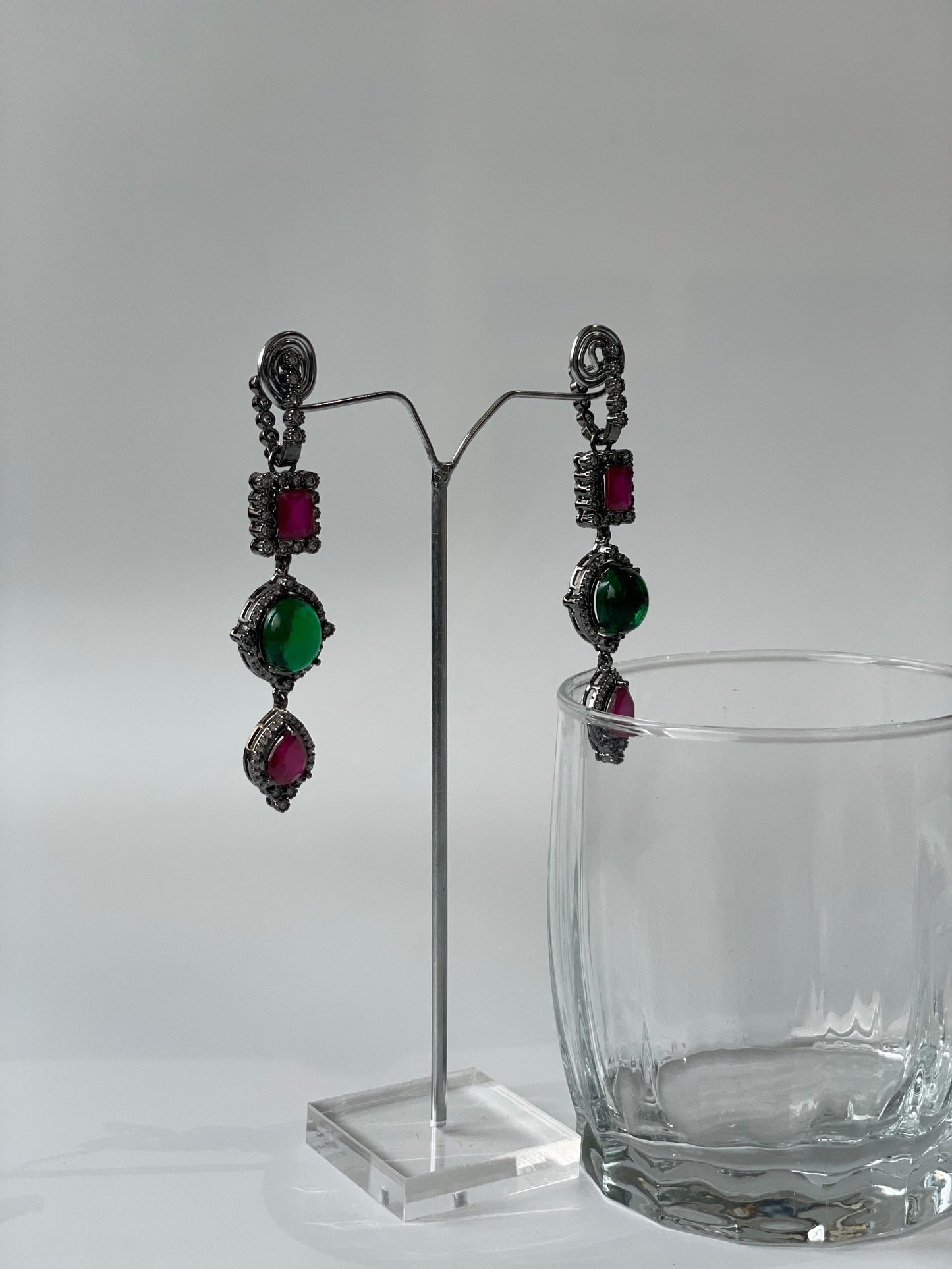 Antique Finish Red and Green Stone Earrings