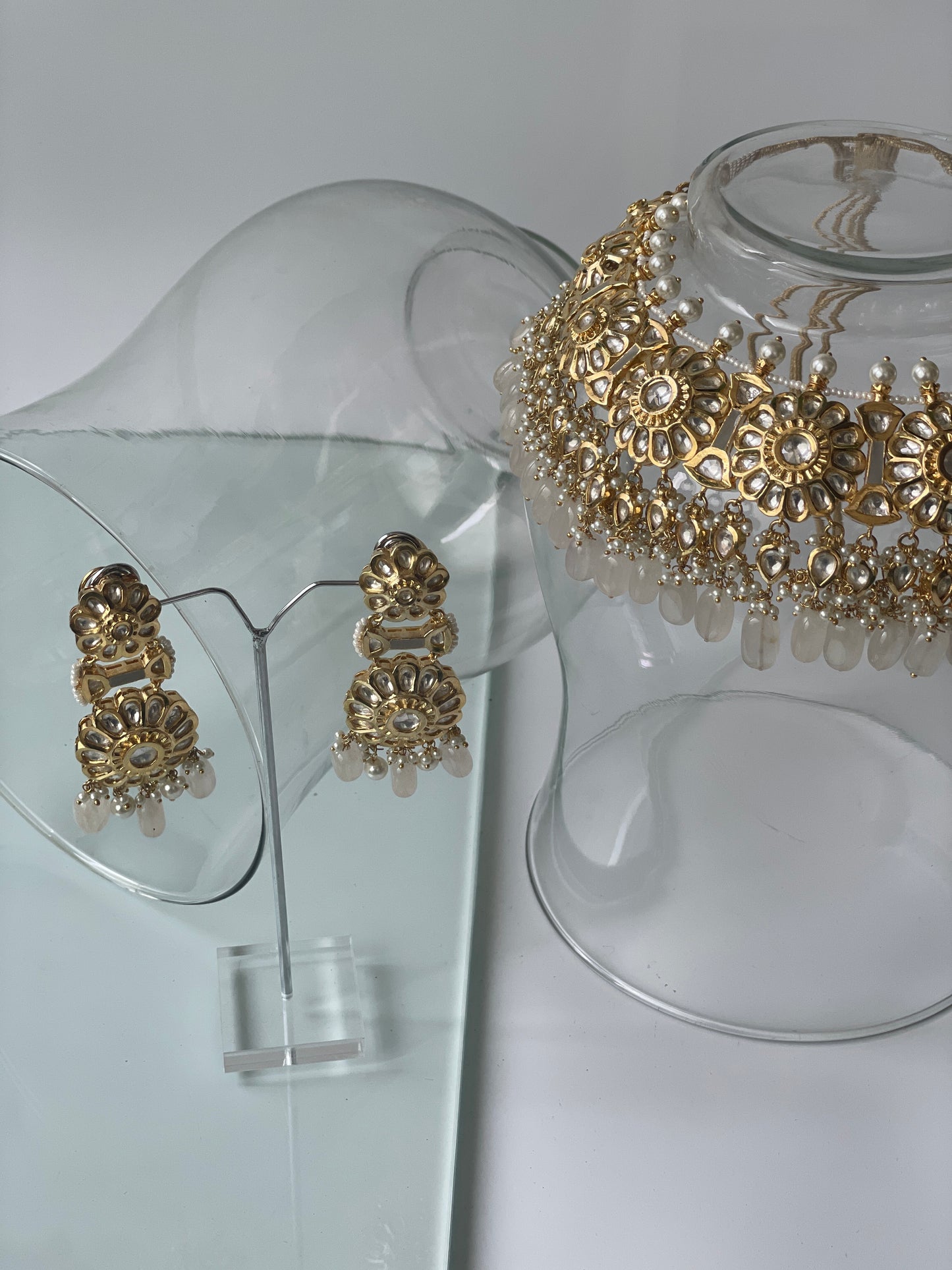 Gold Finish Kundan Necklace Set with Blush Pink Drops