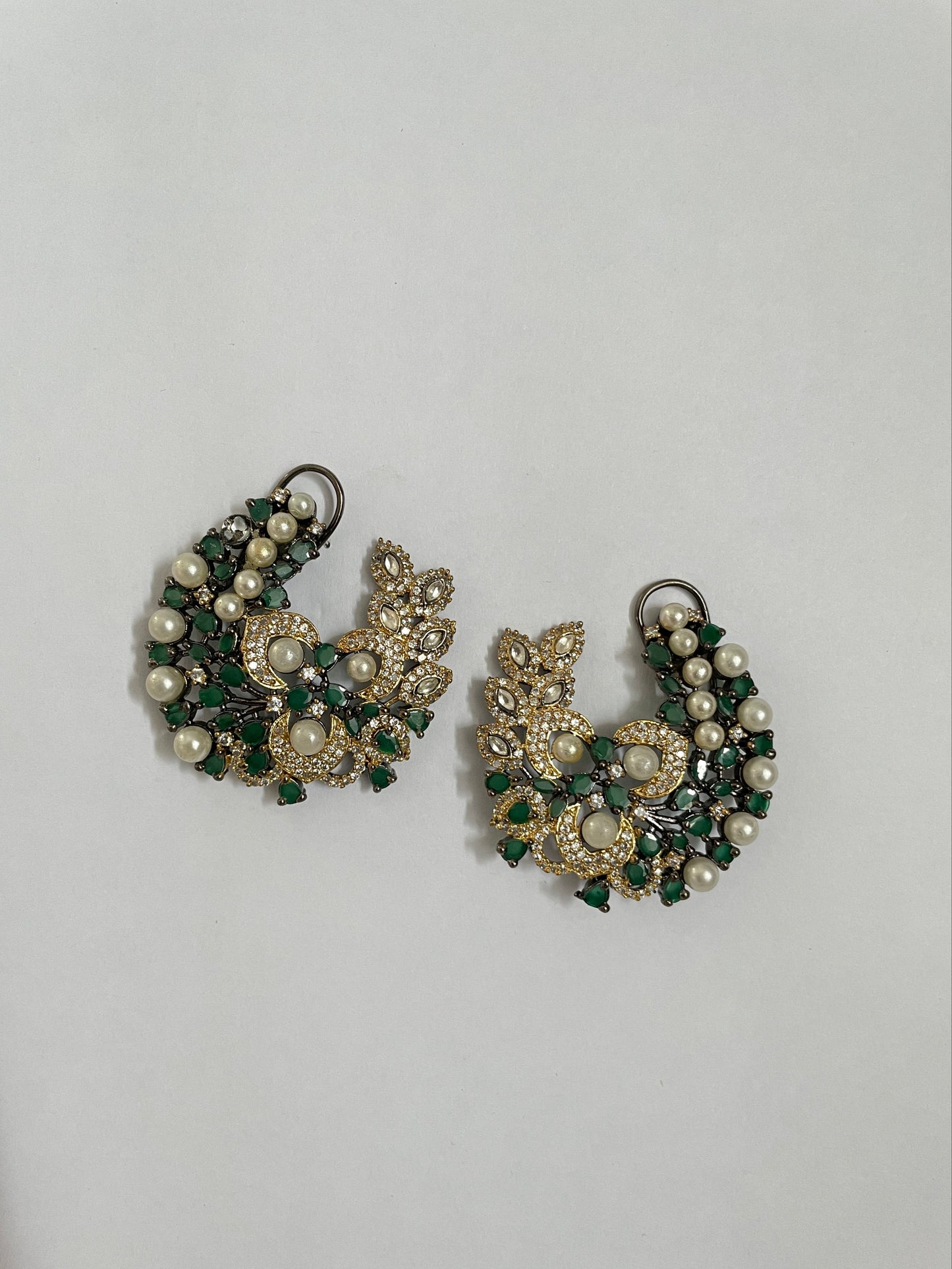 Black Finish Studs with Zircon, Pearl and Green Bead Accents