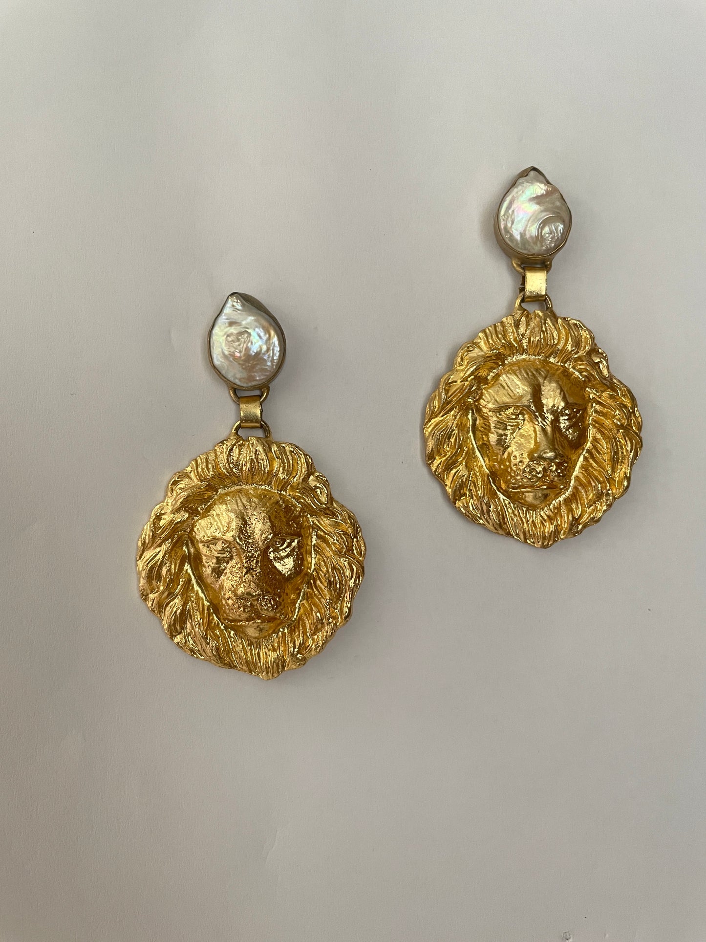 Baroque Pearl With Gold Plated Lion Head Earrings