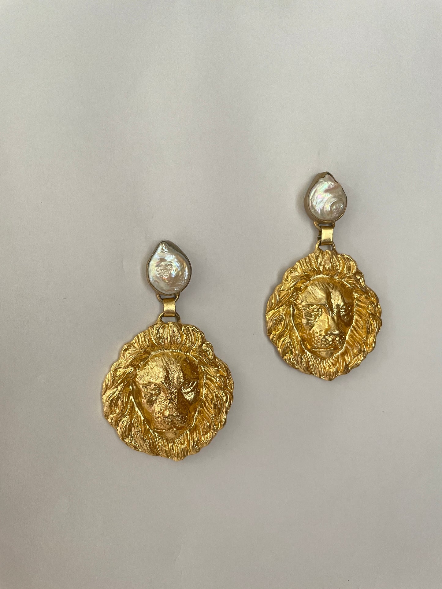 Baroque Pearl With Gold Plated Lion Head Earrings