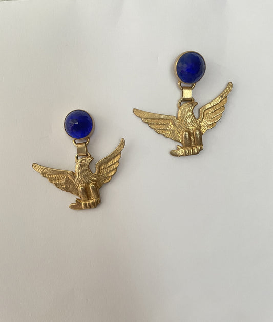 Gold Finish Eagle Earrings with Blue Stone