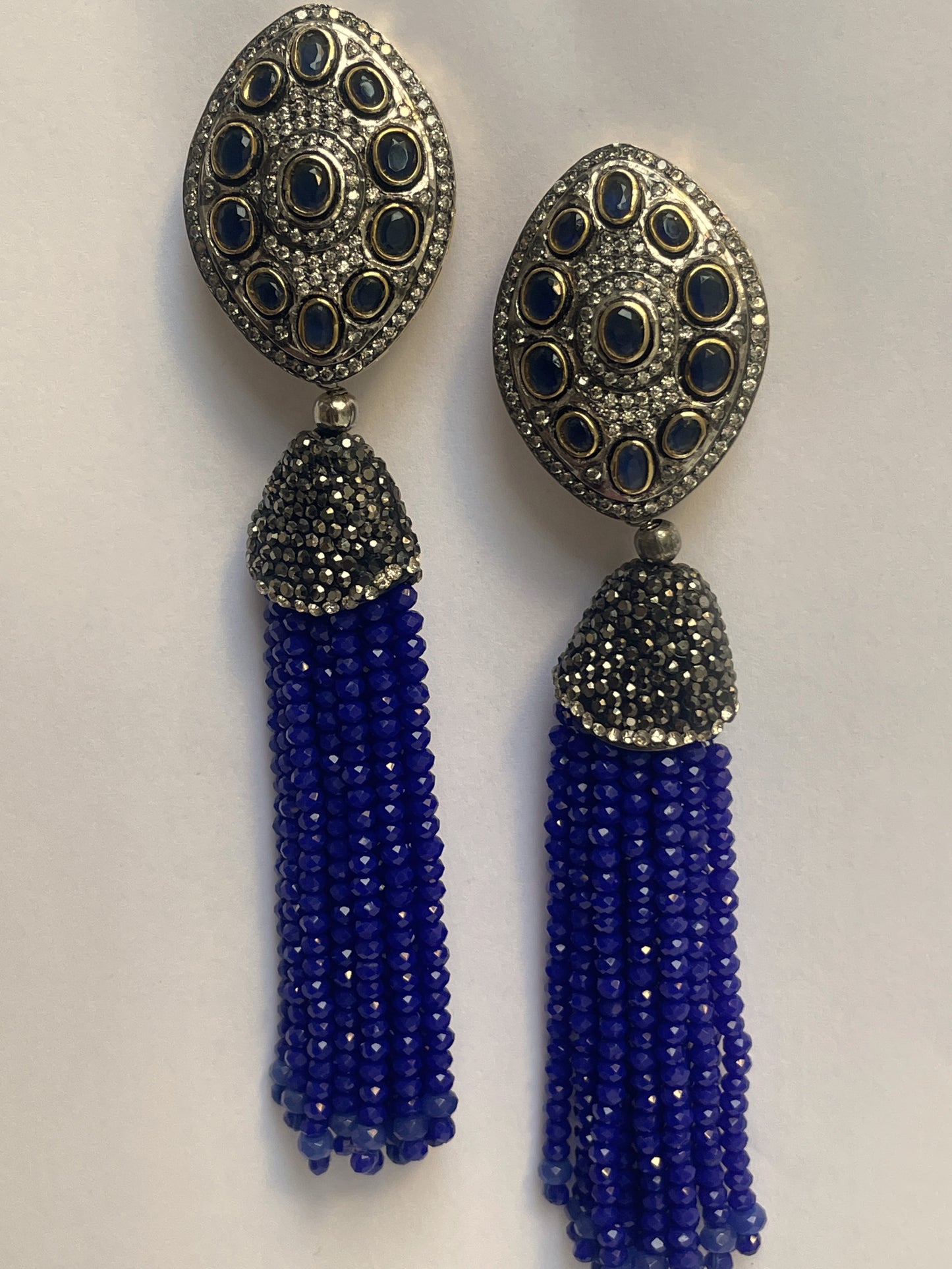 Antique Finish Blue Stone Tassel Earrings