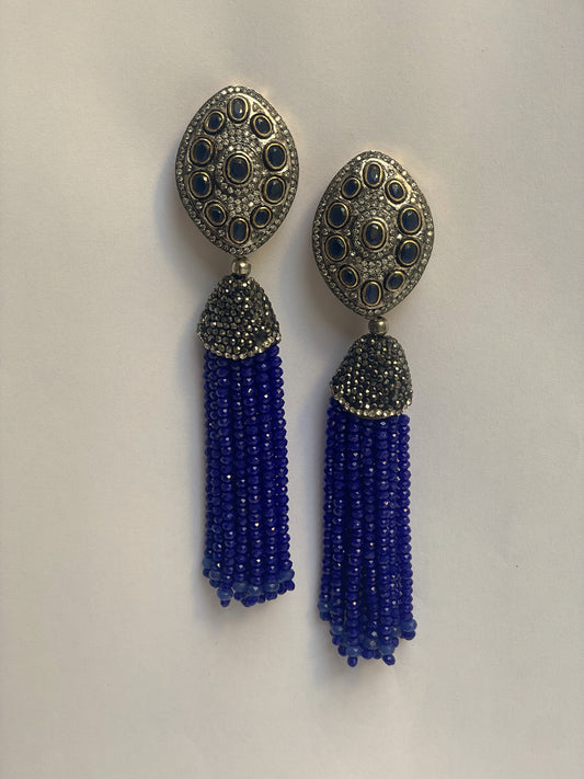 Antique Finish Blue Stone Tassel Earrings