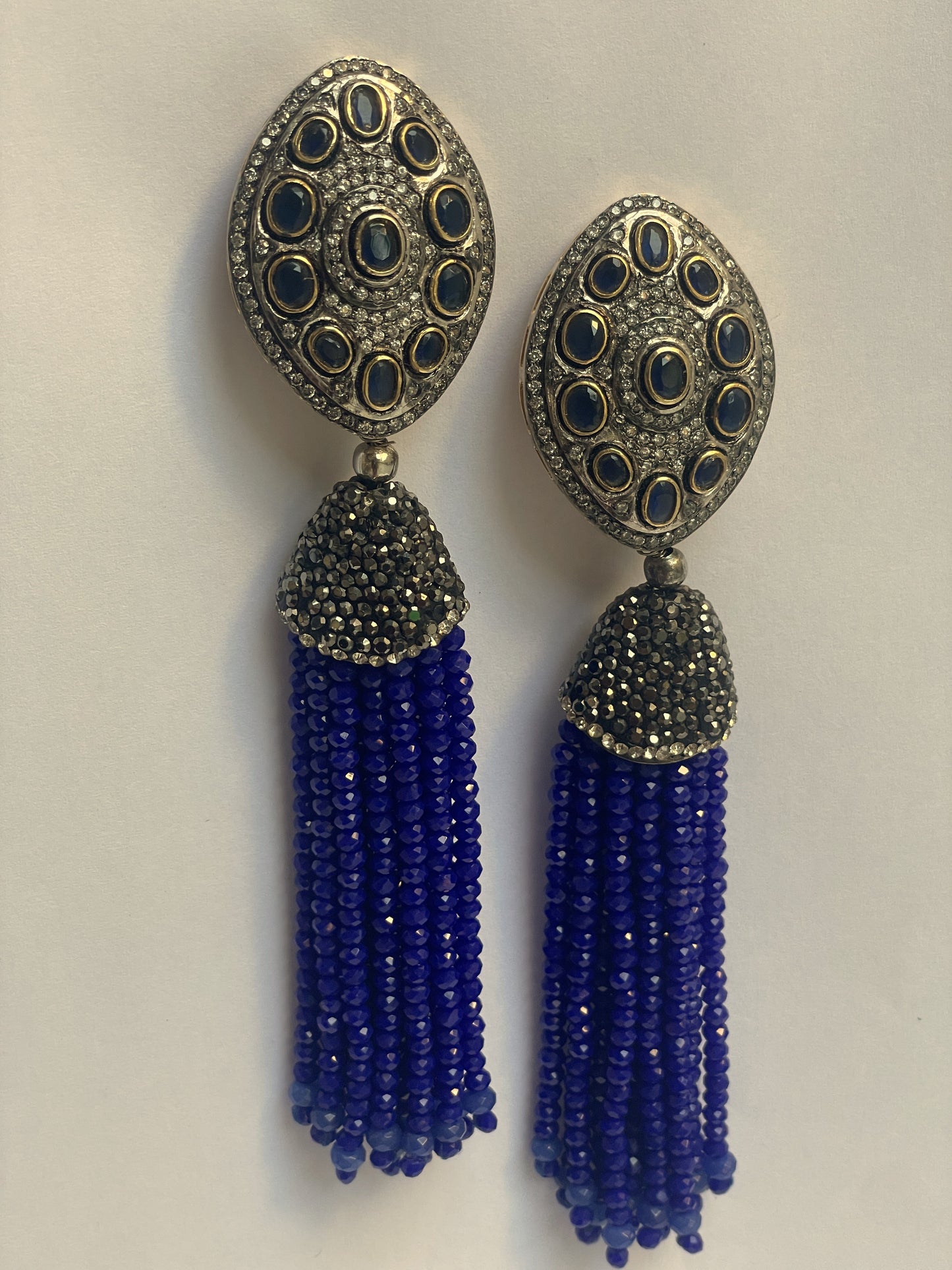 Antique Finish Blue Stone Tassel Earrings