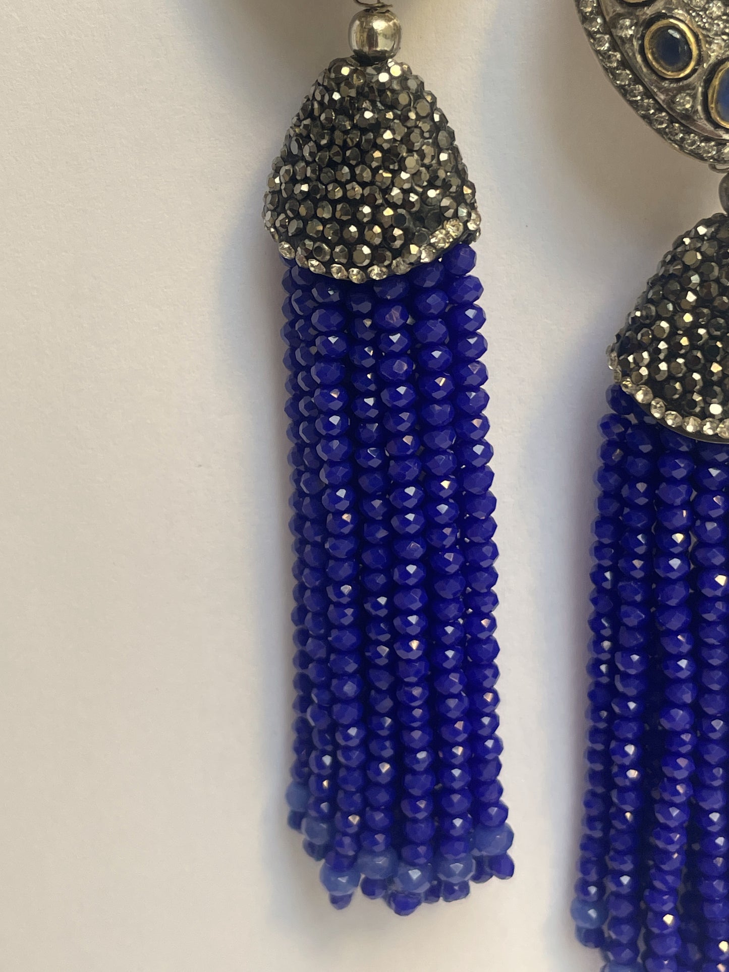 Antique Finish Blue Stone Tassel Earrings