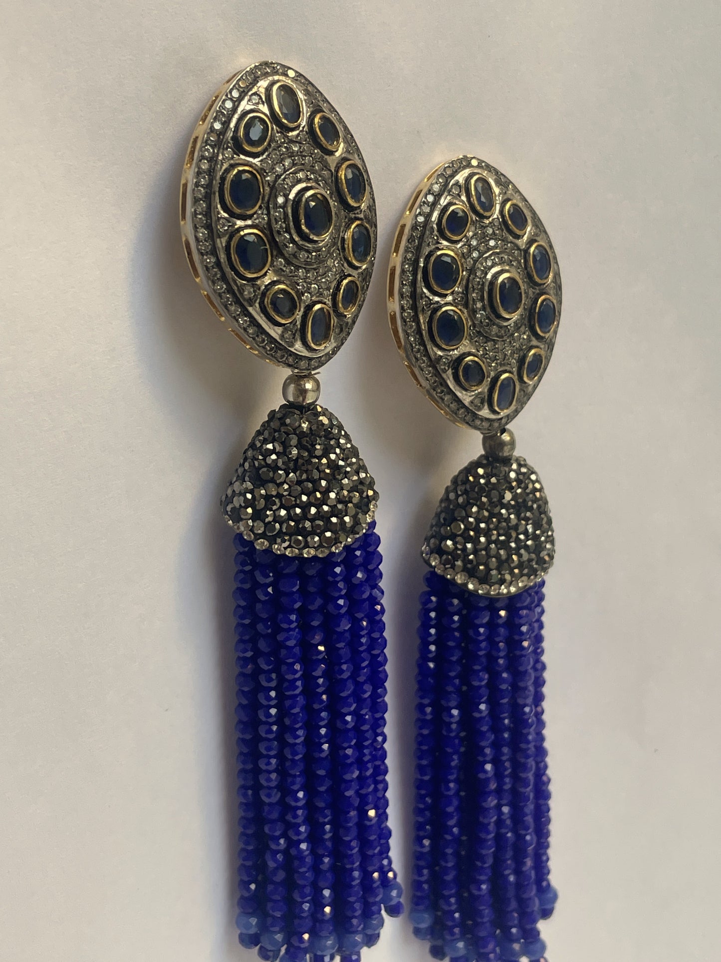 Antique Finish Blue Stone Tassel Earrings