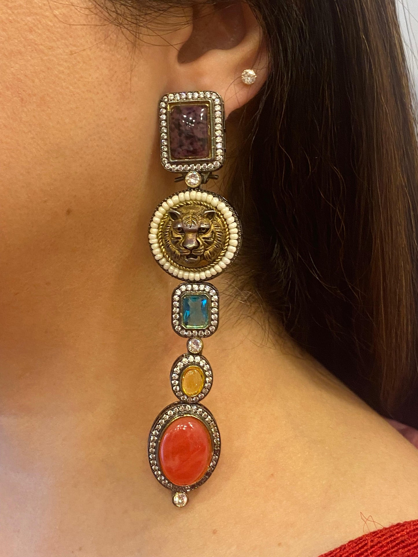 Black Finish Earrings Studded with Multi Colored Stones and Zircon