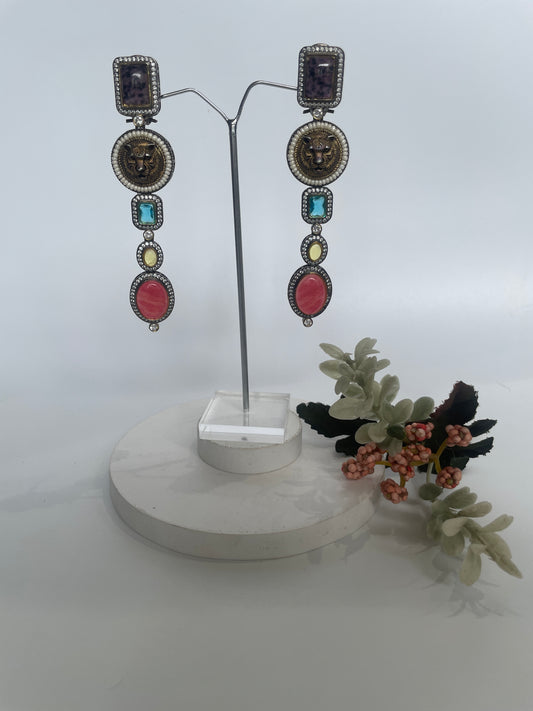 Black Finish Earrings Studded with Multi Colored Stones and Zircon