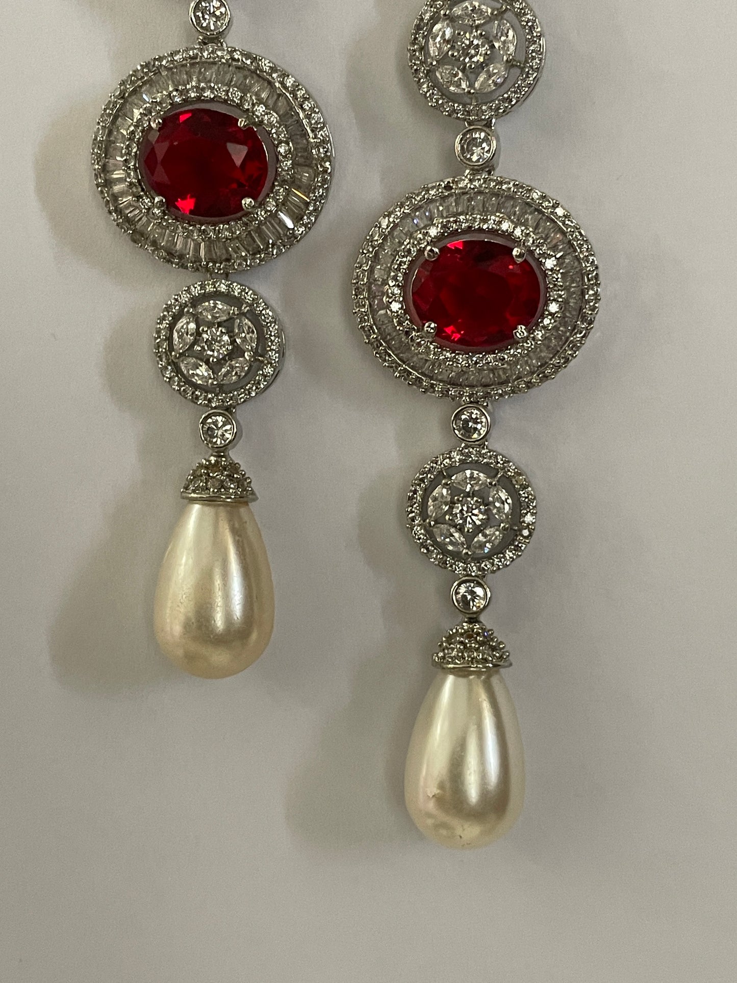 White Finish Zircon Danglers with Stone Accent and Pearl Drop