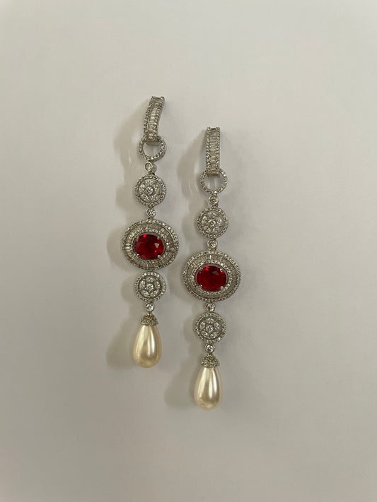 White Finish Zircon Danglers with Stone Accent and Pearl Drop