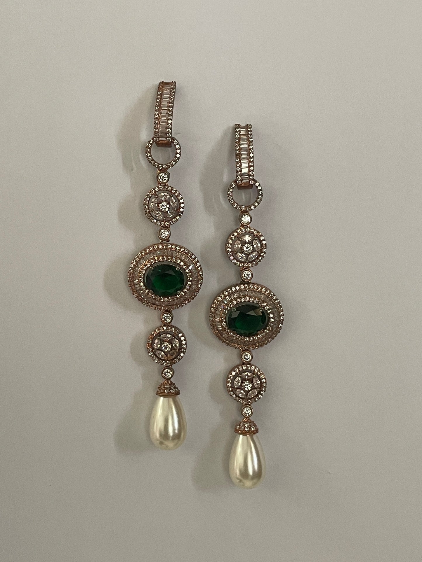 White Finish Zircon Danglers with Stone Accent and Pearl Drop