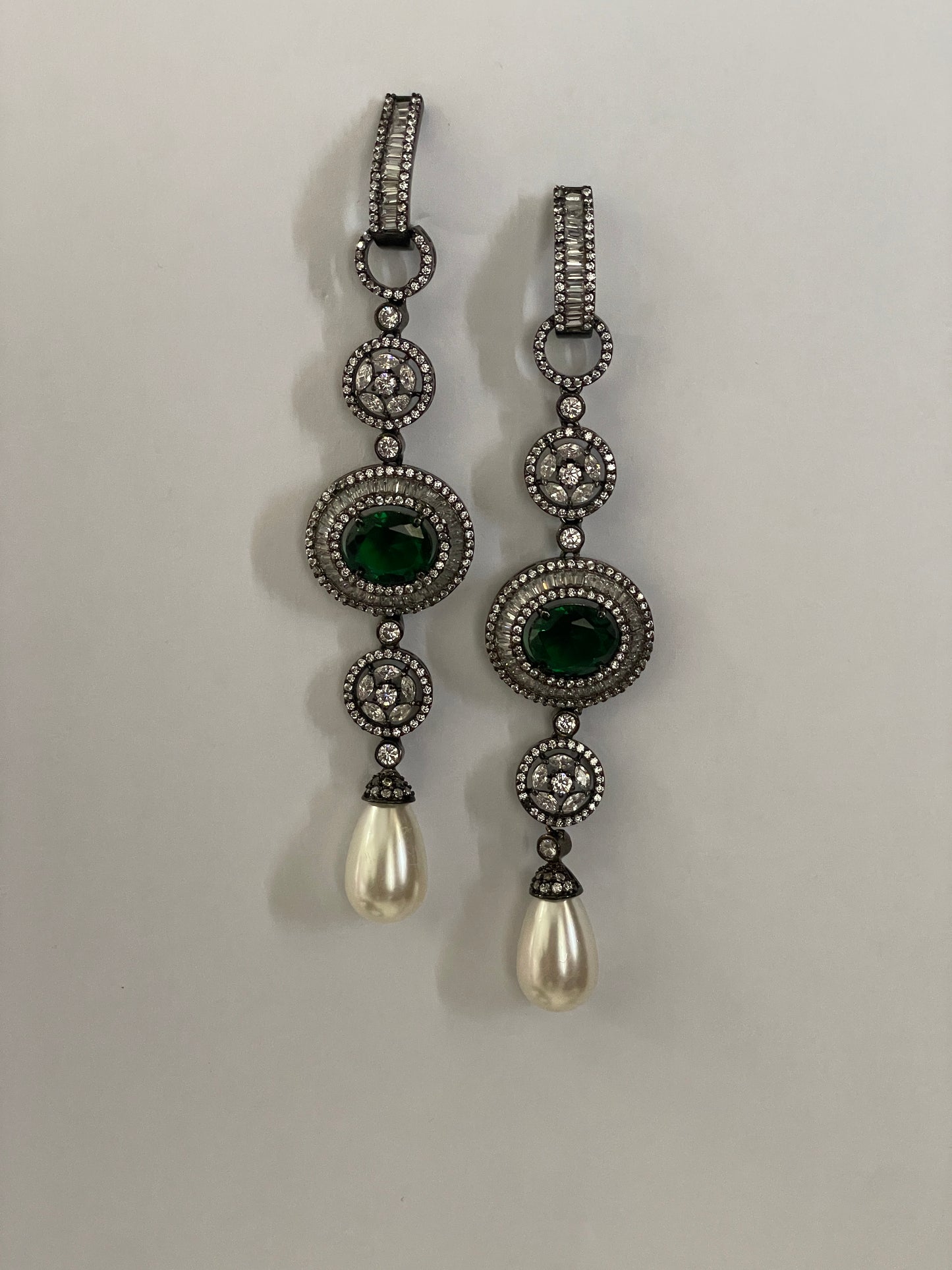 White Finish Zircon Danglers with Stone Accent and Pearl Drop