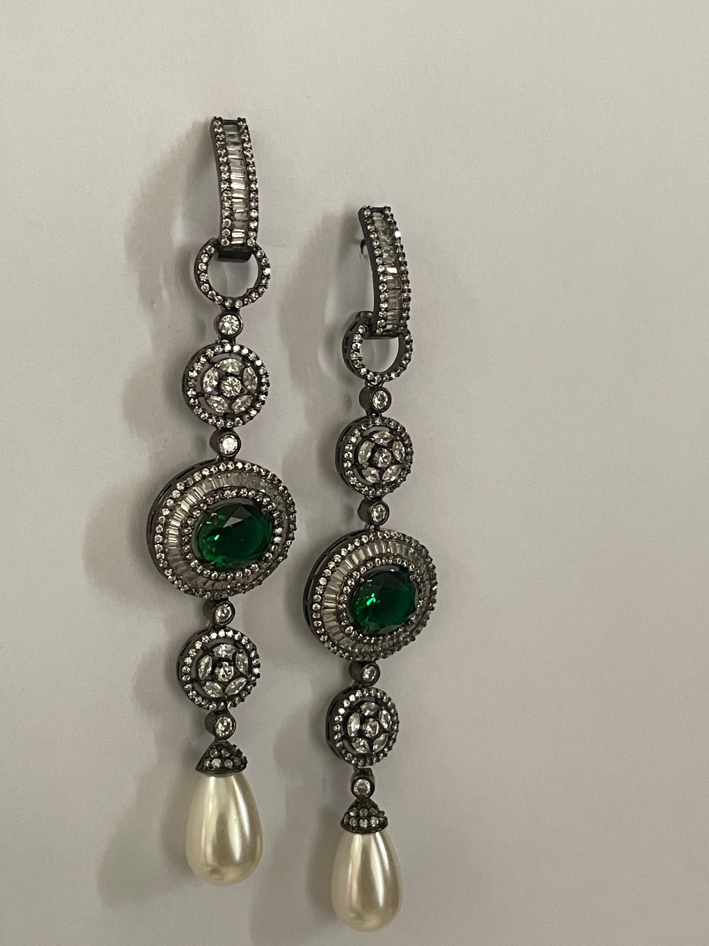 White Finish Zircon Danglers with Stone Accent and Pearl Drop