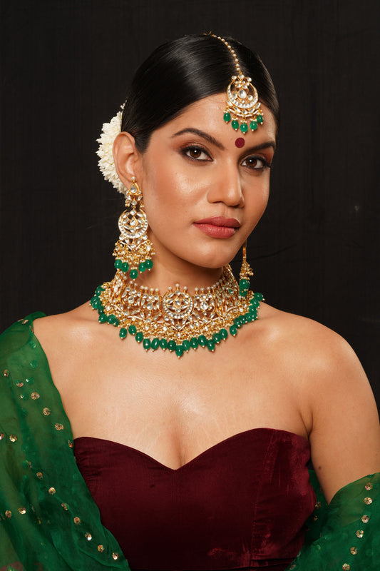 Pacchi Kundan Necklace Set with Green Beads