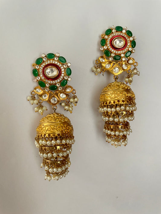 Gold Finish Studded Kundan Jhumkas