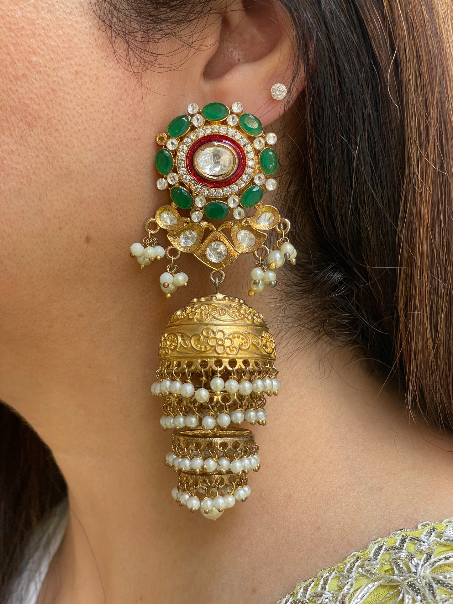 Gold Finish Studded Kundan Jhumkas