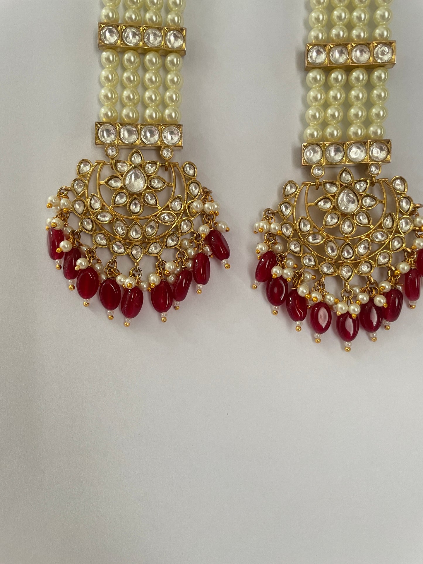 Long Pearl Earrings with Kundan Accented by Red Beads