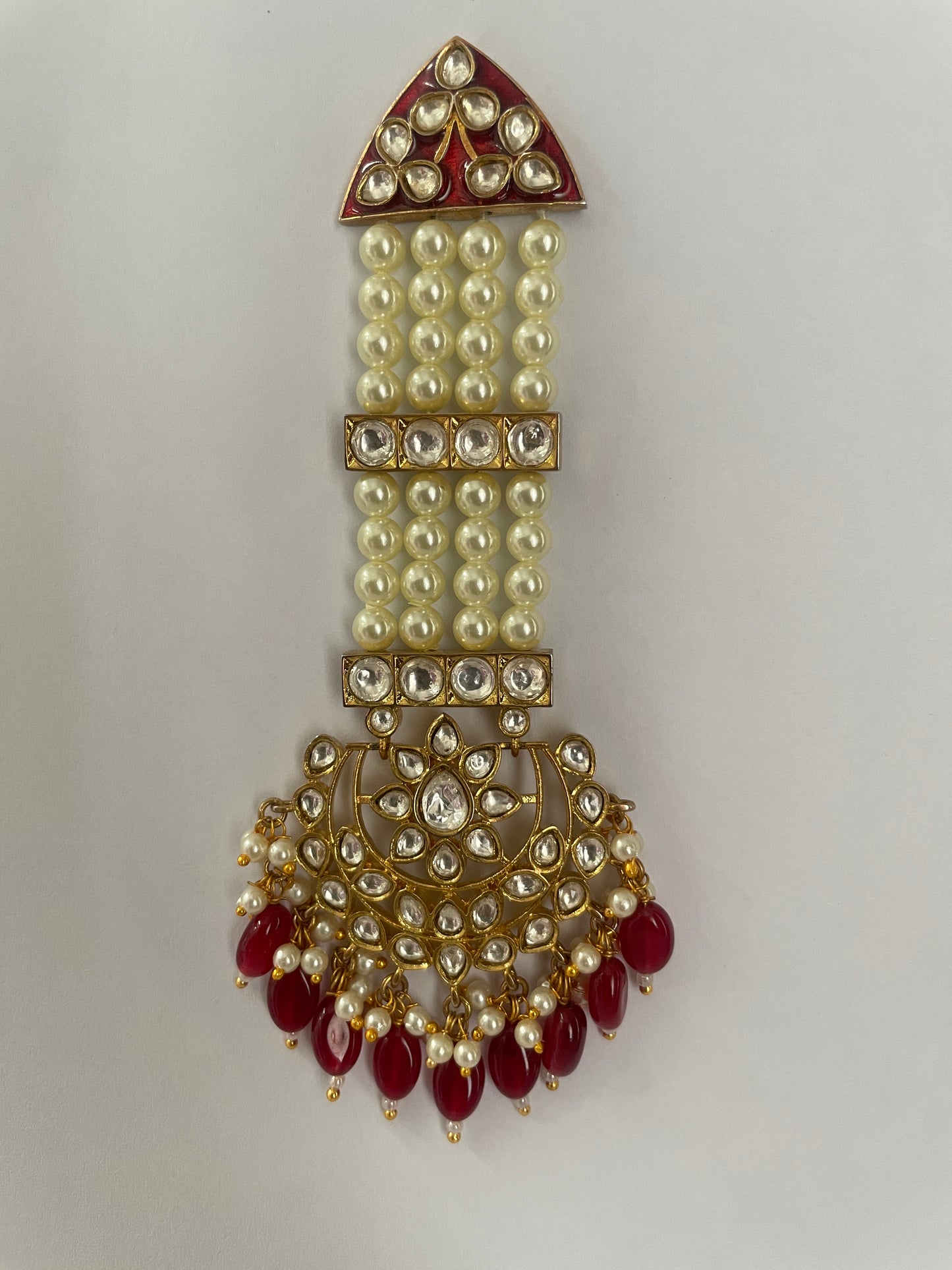 Long Pearl Earrings with Kundan Accented by Red Beads