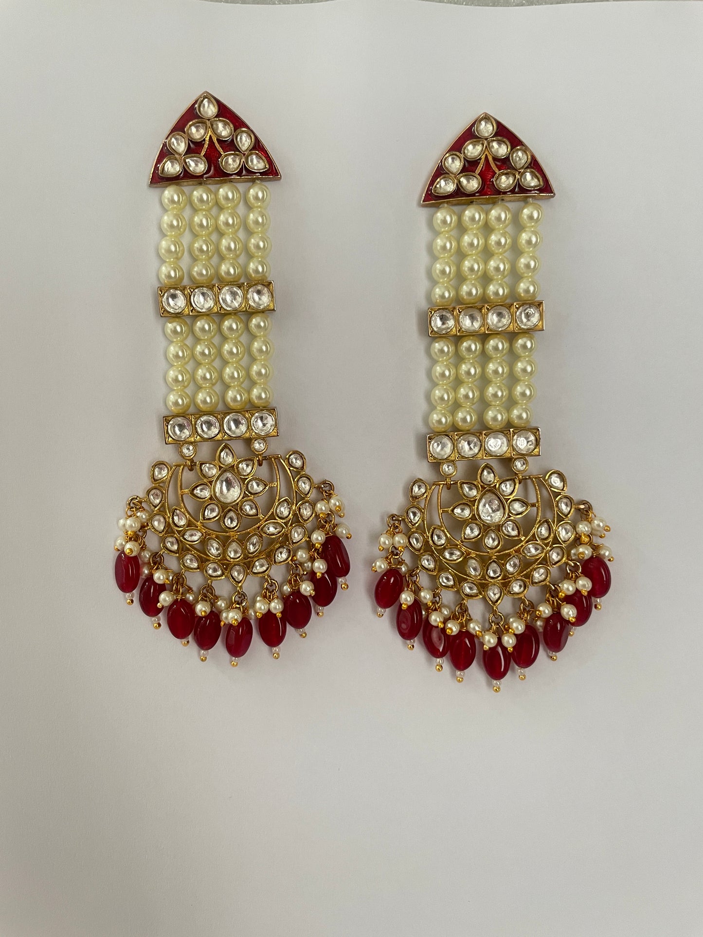 Long Pearl Earrings with Kundan Accented by Red Beads