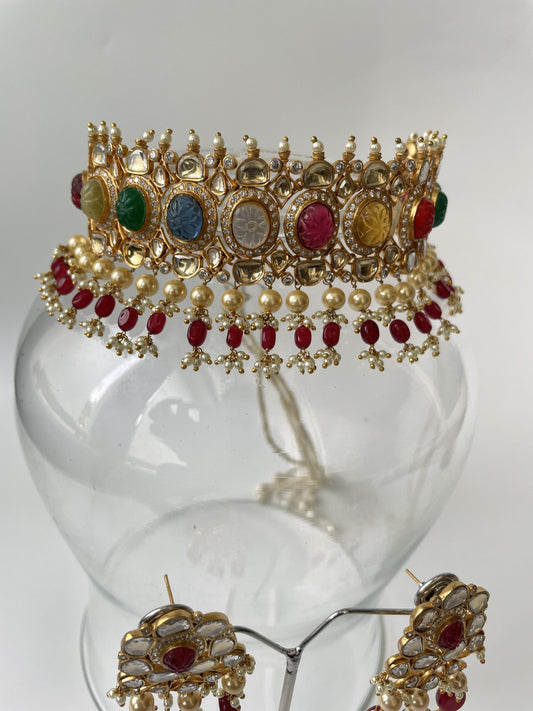 Rustic Gold Finish Navratna Kundan Necklace Set