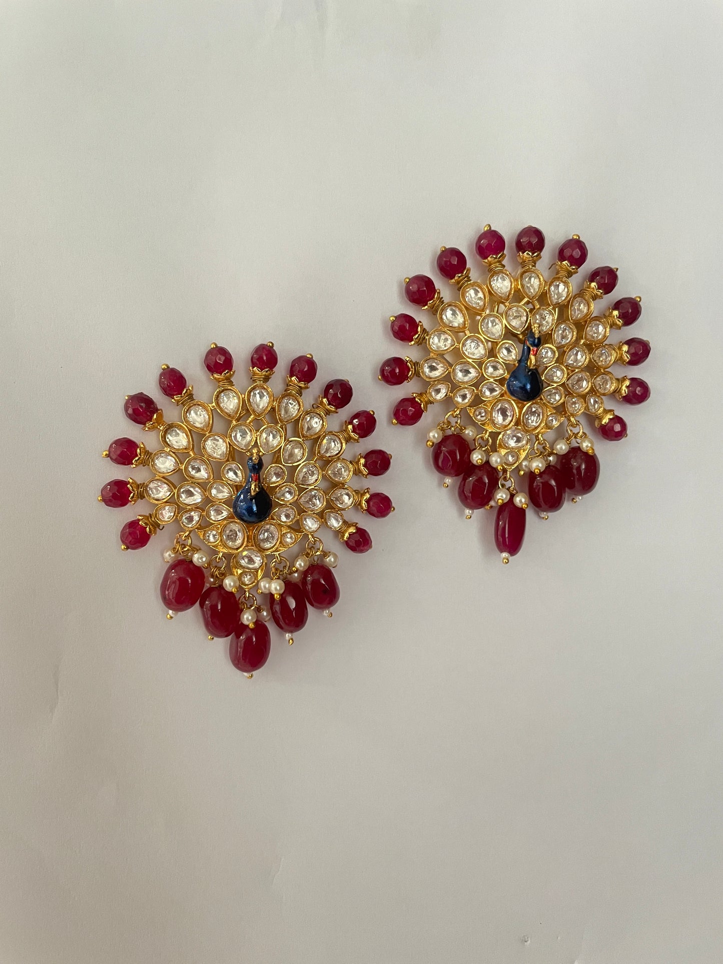 Peacock Motif Kundan Studs with Red Beads