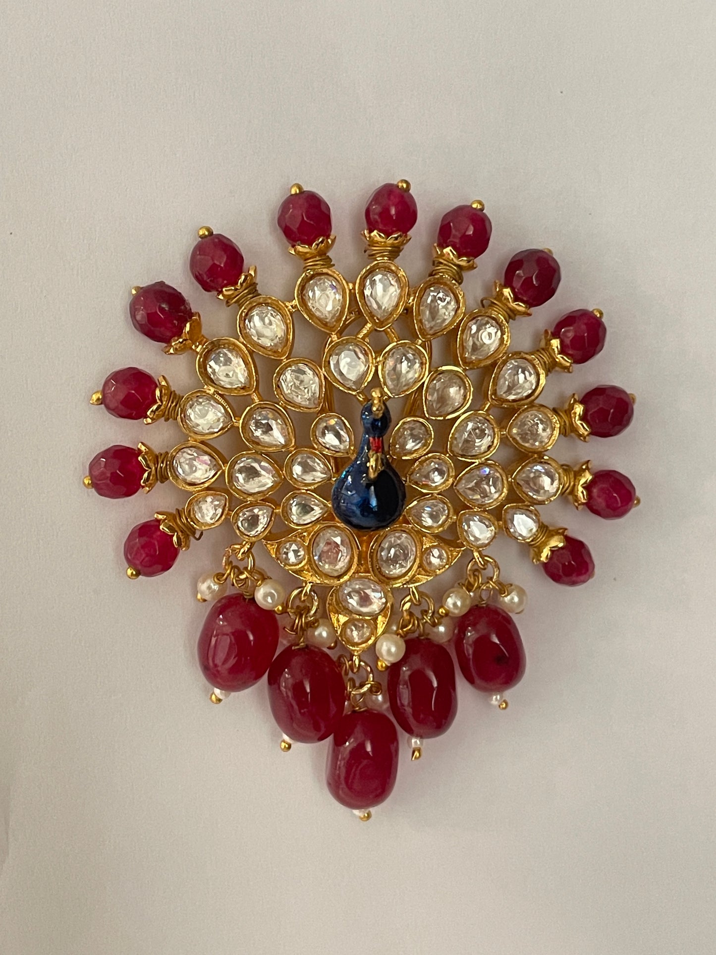 Peacock Motif Kundan Studs with Red Beads