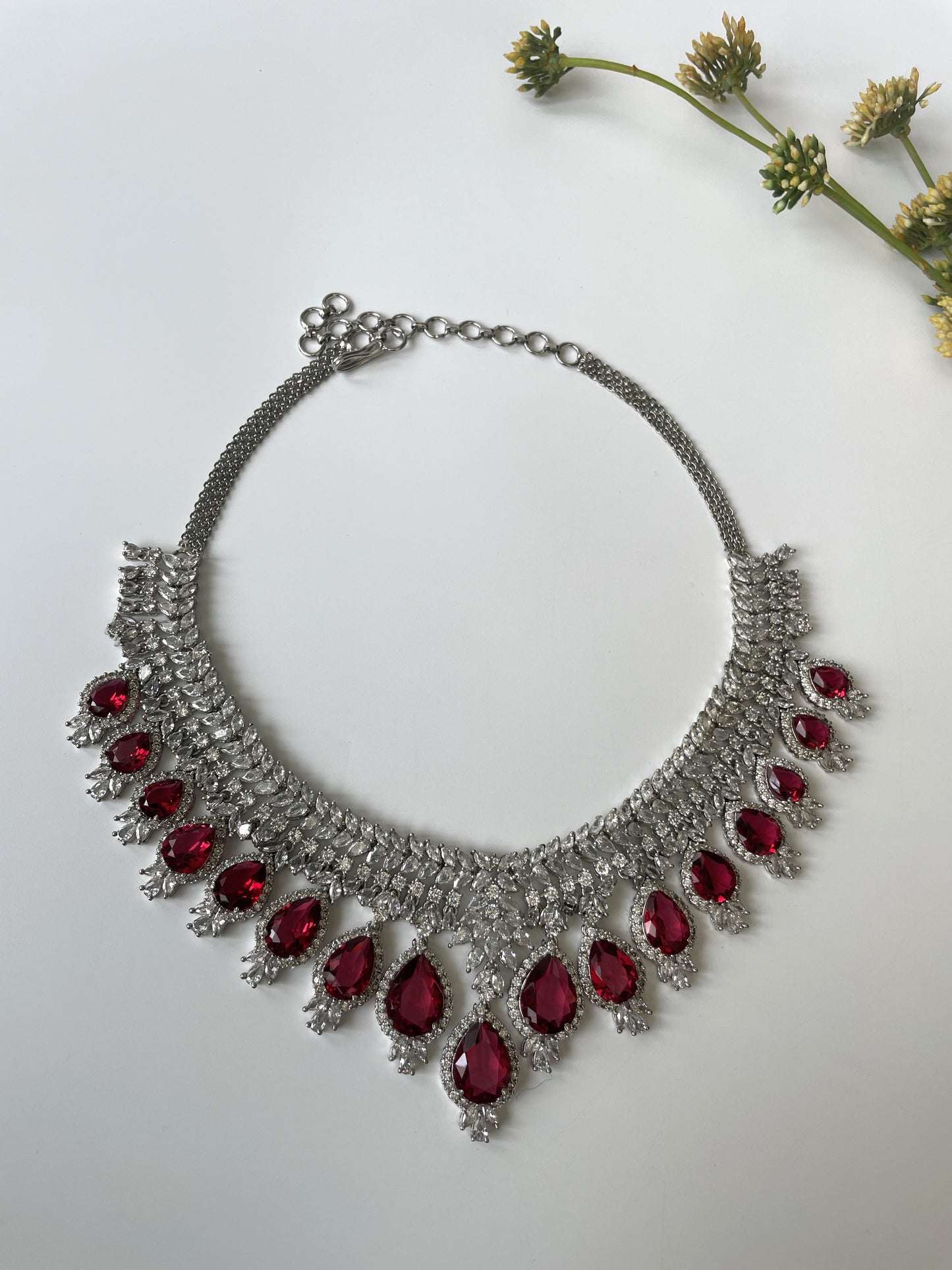 White Finish Red Zircon Necklace Set