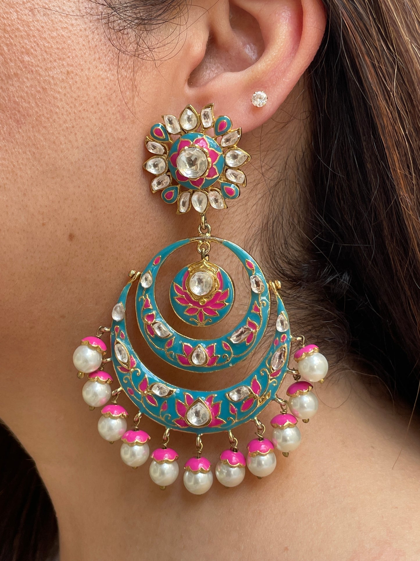 Blue And Pink Enamel Ethnic Earrings