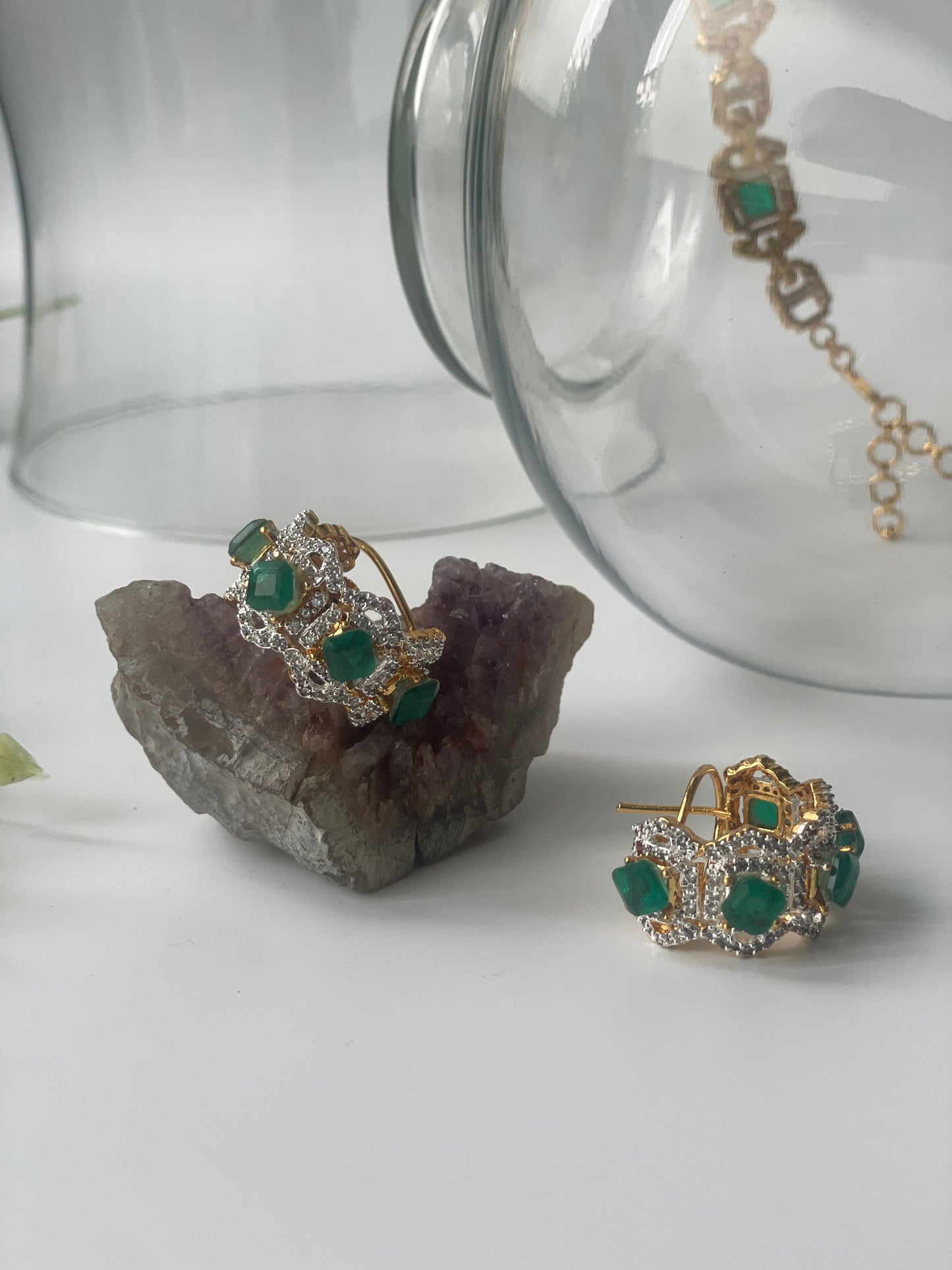 Gold Finish Long Zircon and Emerald Synthetic Necklace Set