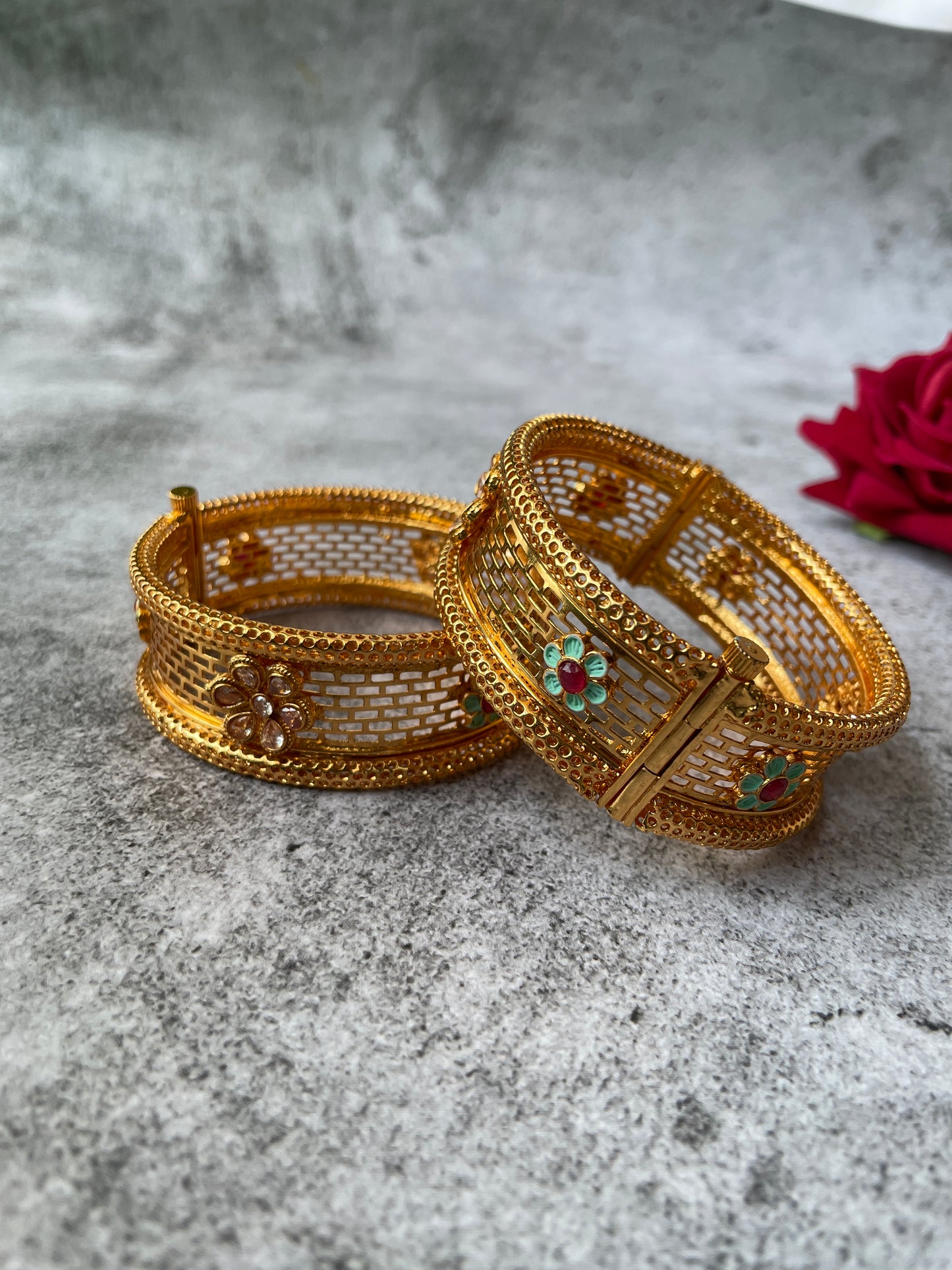 Gold Finish Filigree and Enamel Studded Broad Bangle Set