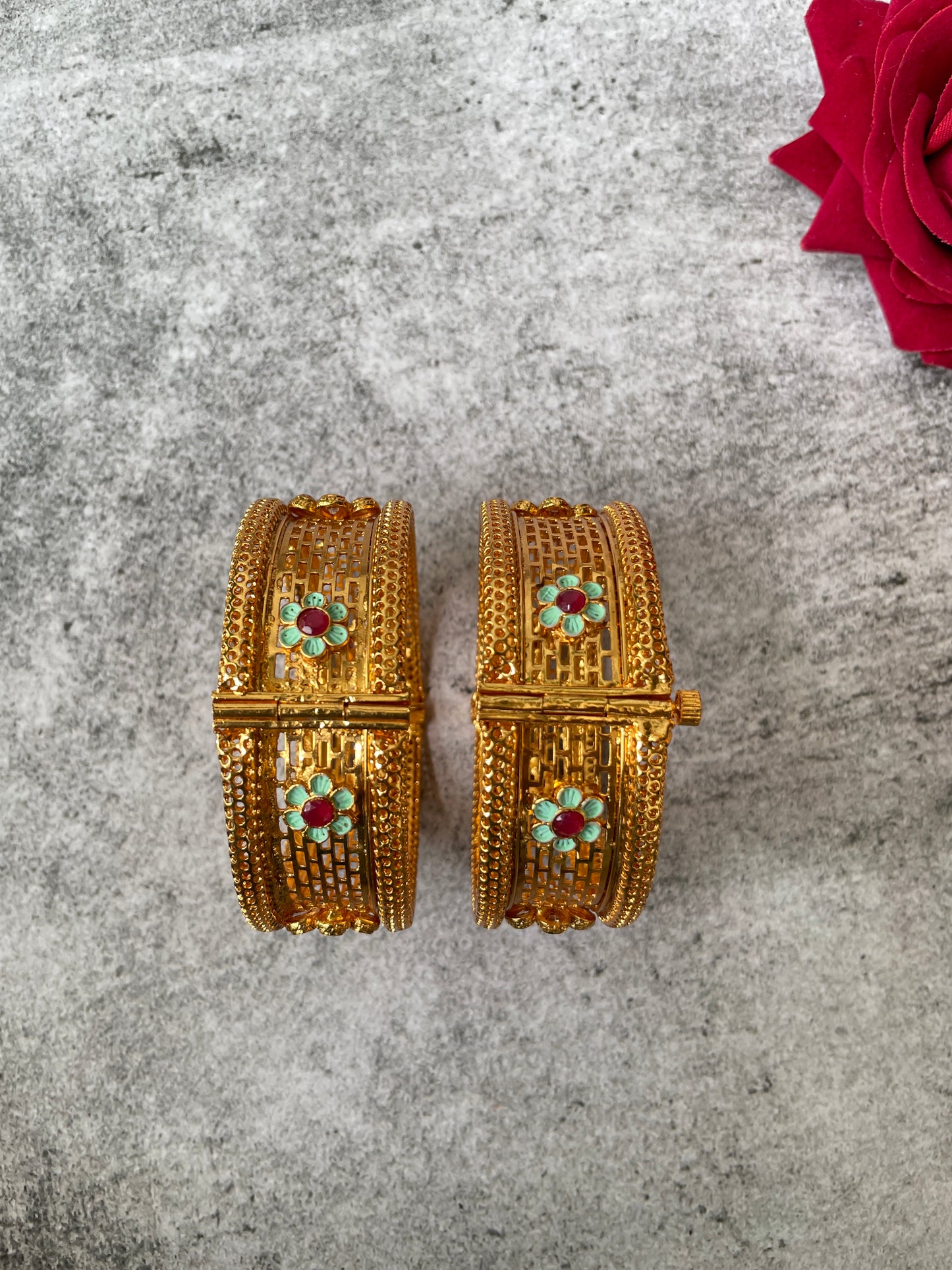 Gold Finish Filigree and Enamel Studded Broad Bangle Set