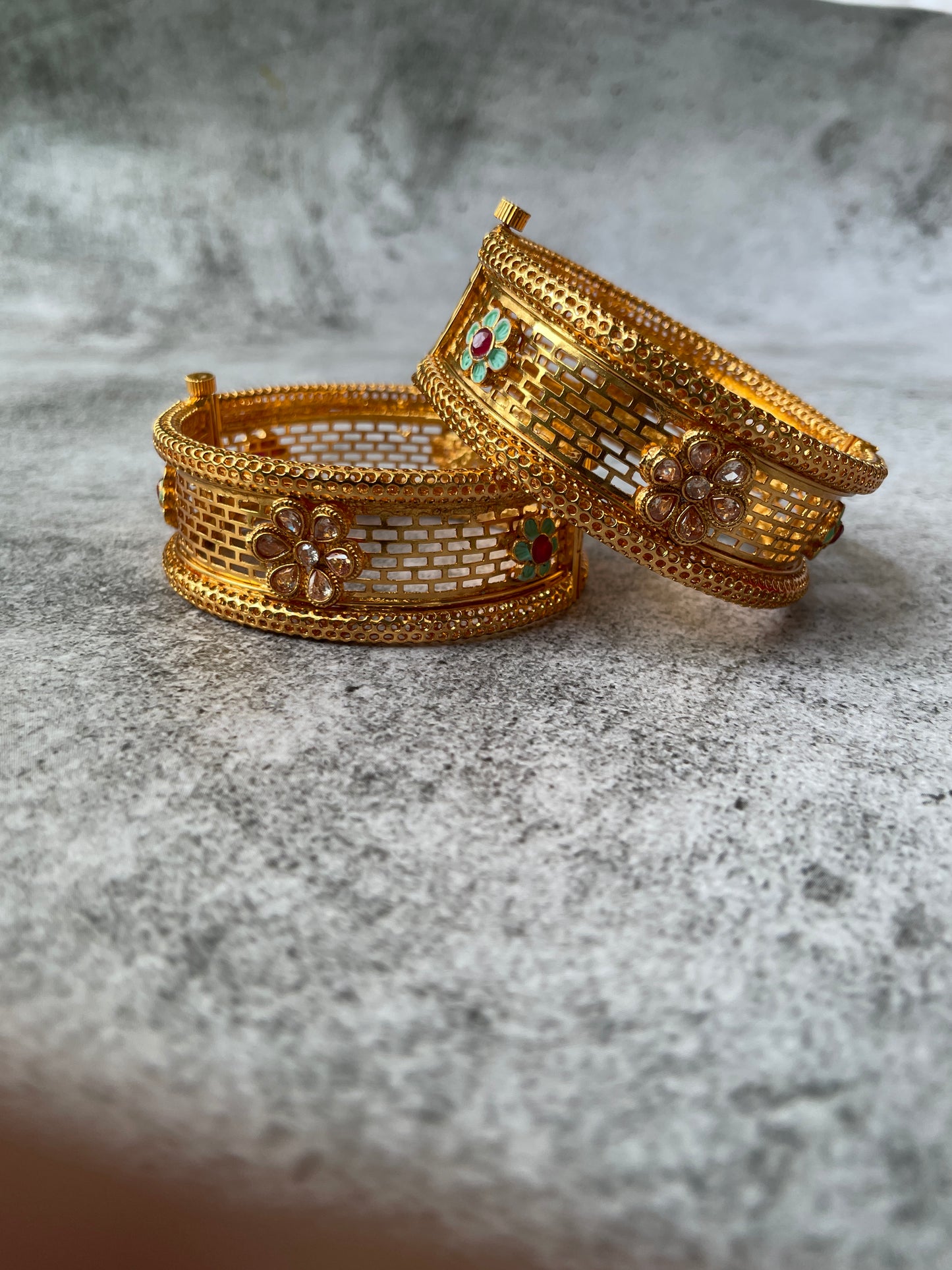 Gold Finish Filigree and Enamel Studded Broad Bangle Set