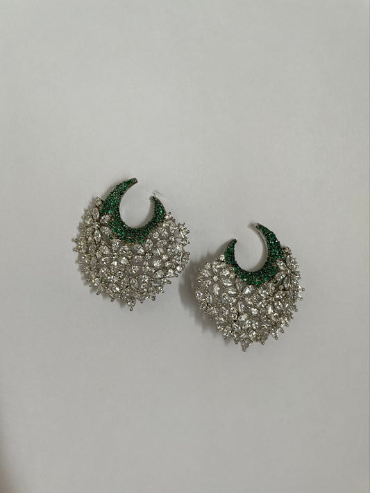 Zircon Studs with Green Stone Studded Moon Accent