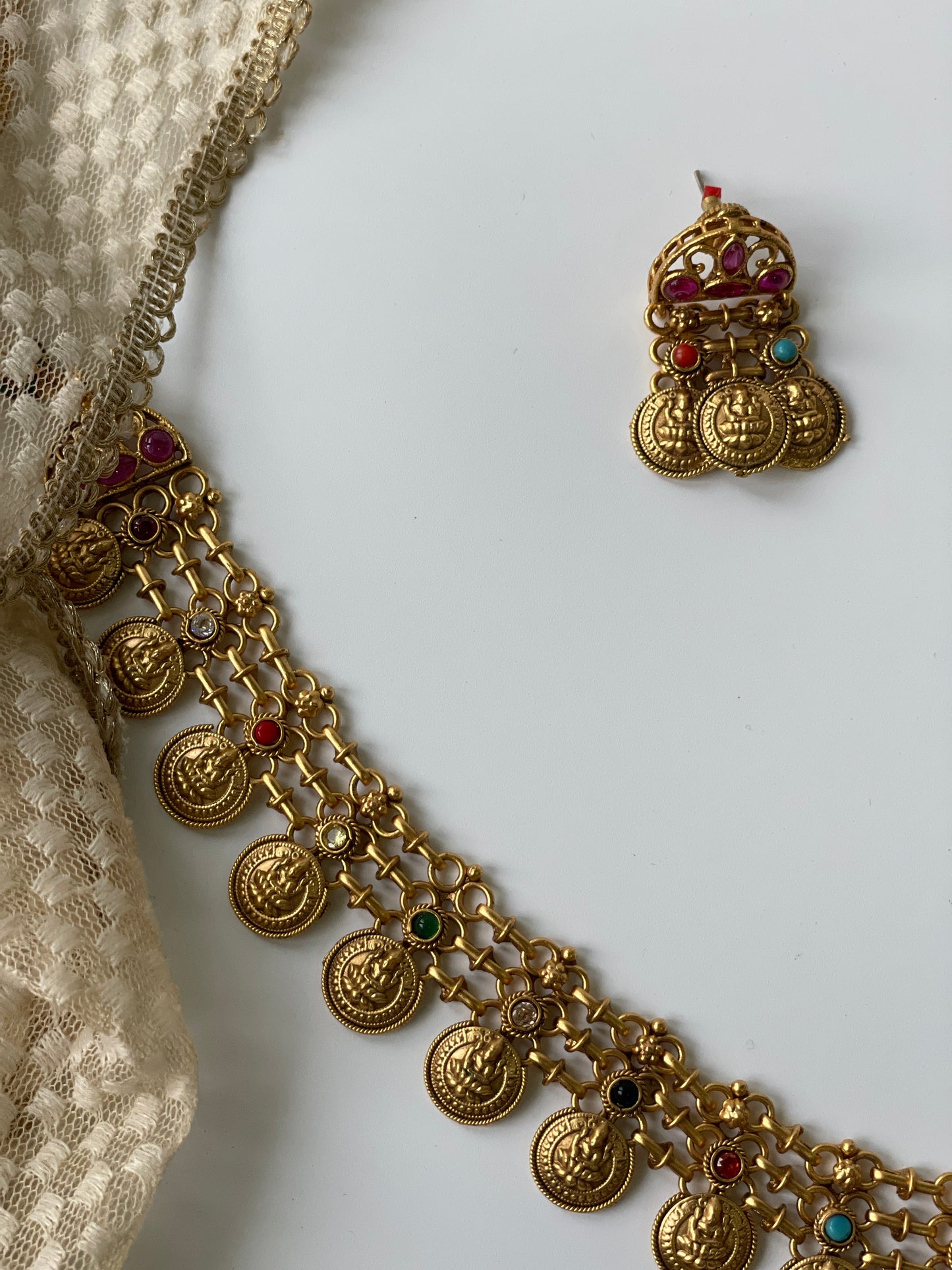 Long Temple Motif Necklace Set with Multi-coloured Stones