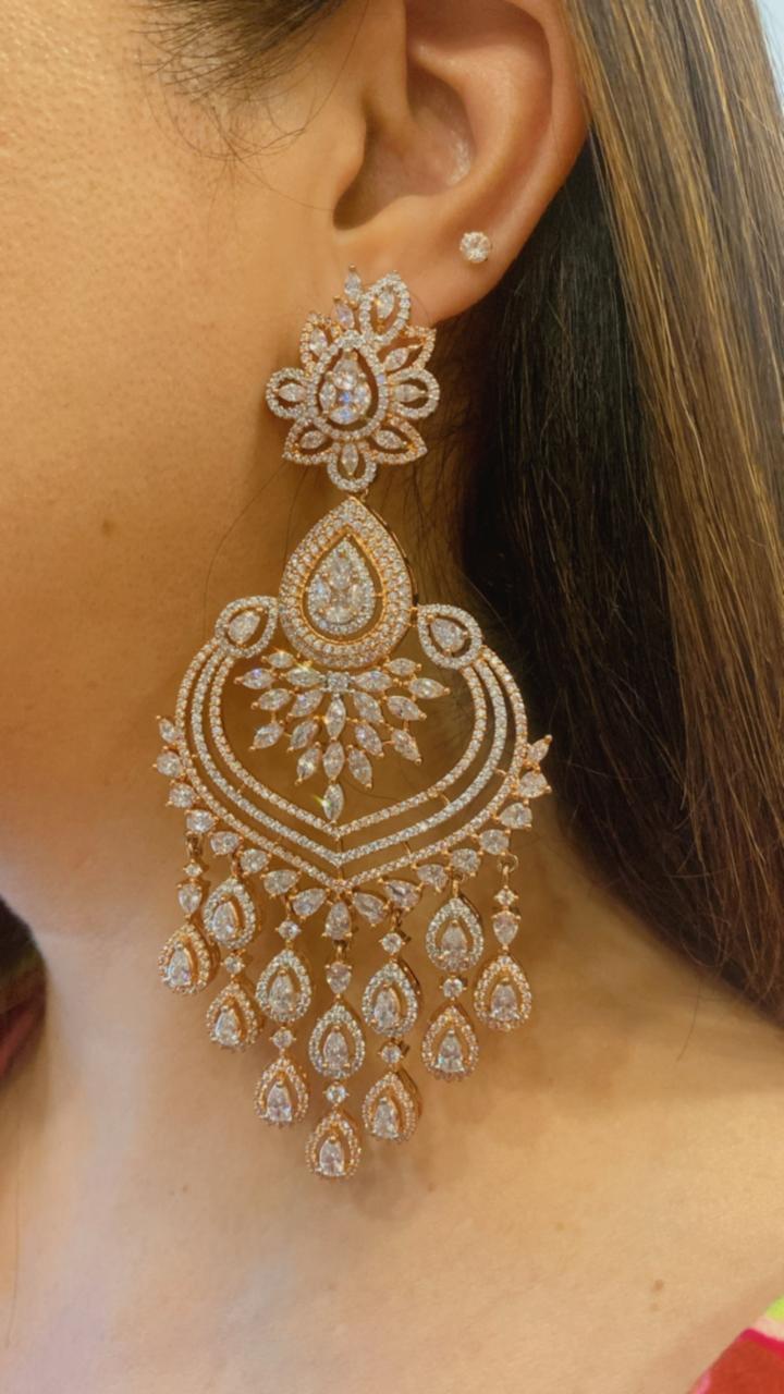 Zircon Chandelier Earrings in Rose Gold Finish