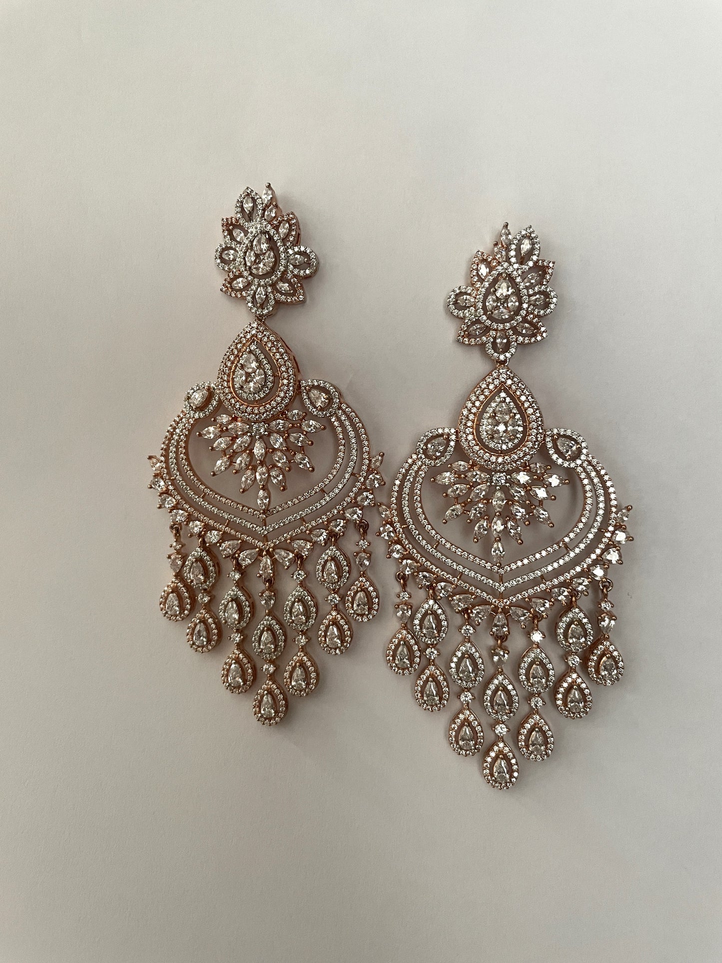 Zircon Chandelier Earrings in Rose Gold Finish