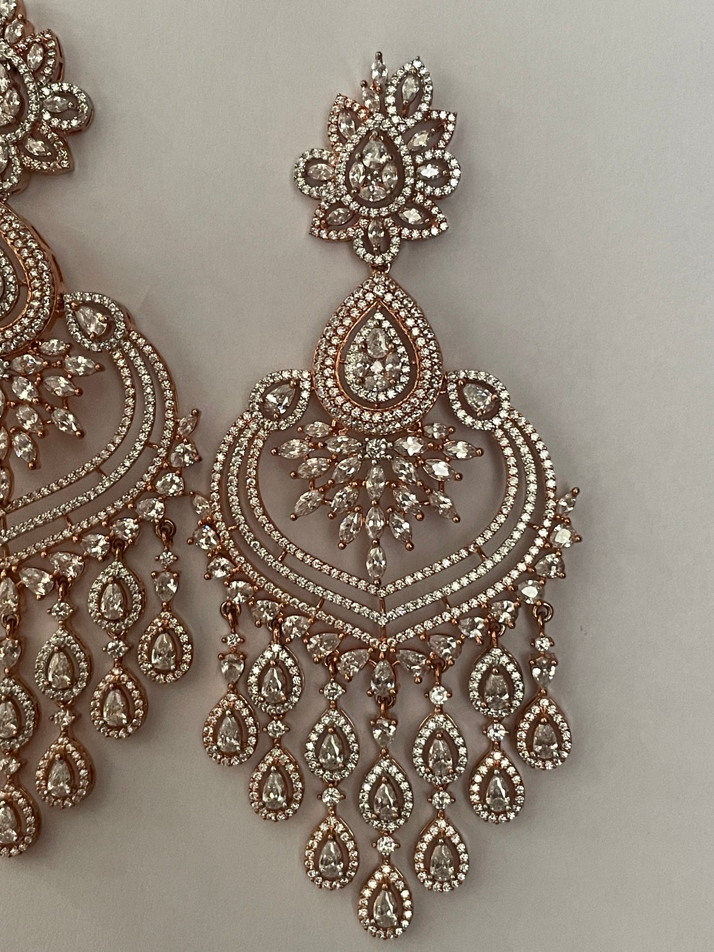 Zircon Chandelier Earrings in Rose Gold Finish