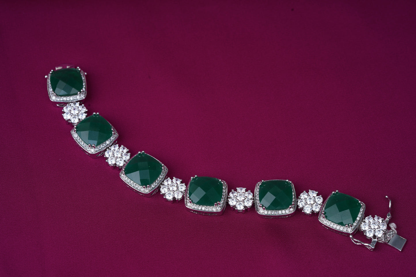 Zircon Bracelet with Green Cushion Cut Stones