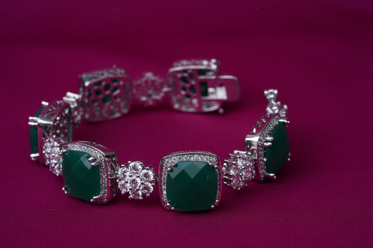 Zircon Bracelet with Green Cushion Cut Stones