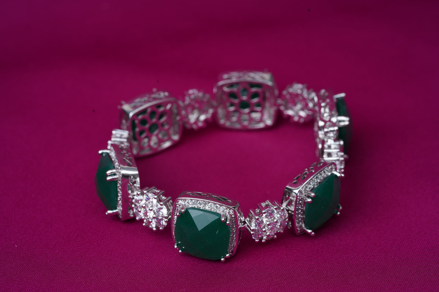 Zircon Bracelet with Green Cushion Cut Stones