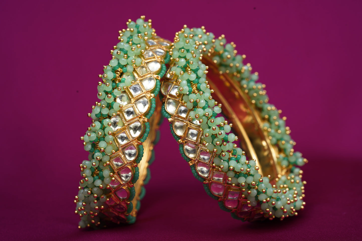 Kundan Bangle Set with Mint Green Beads