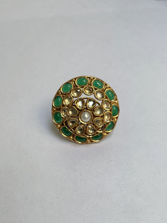 Kundan Green Stone Ring