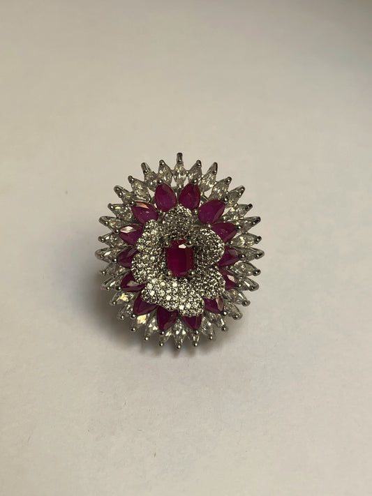 Zircon Floral Motif Ring with Pink Stones