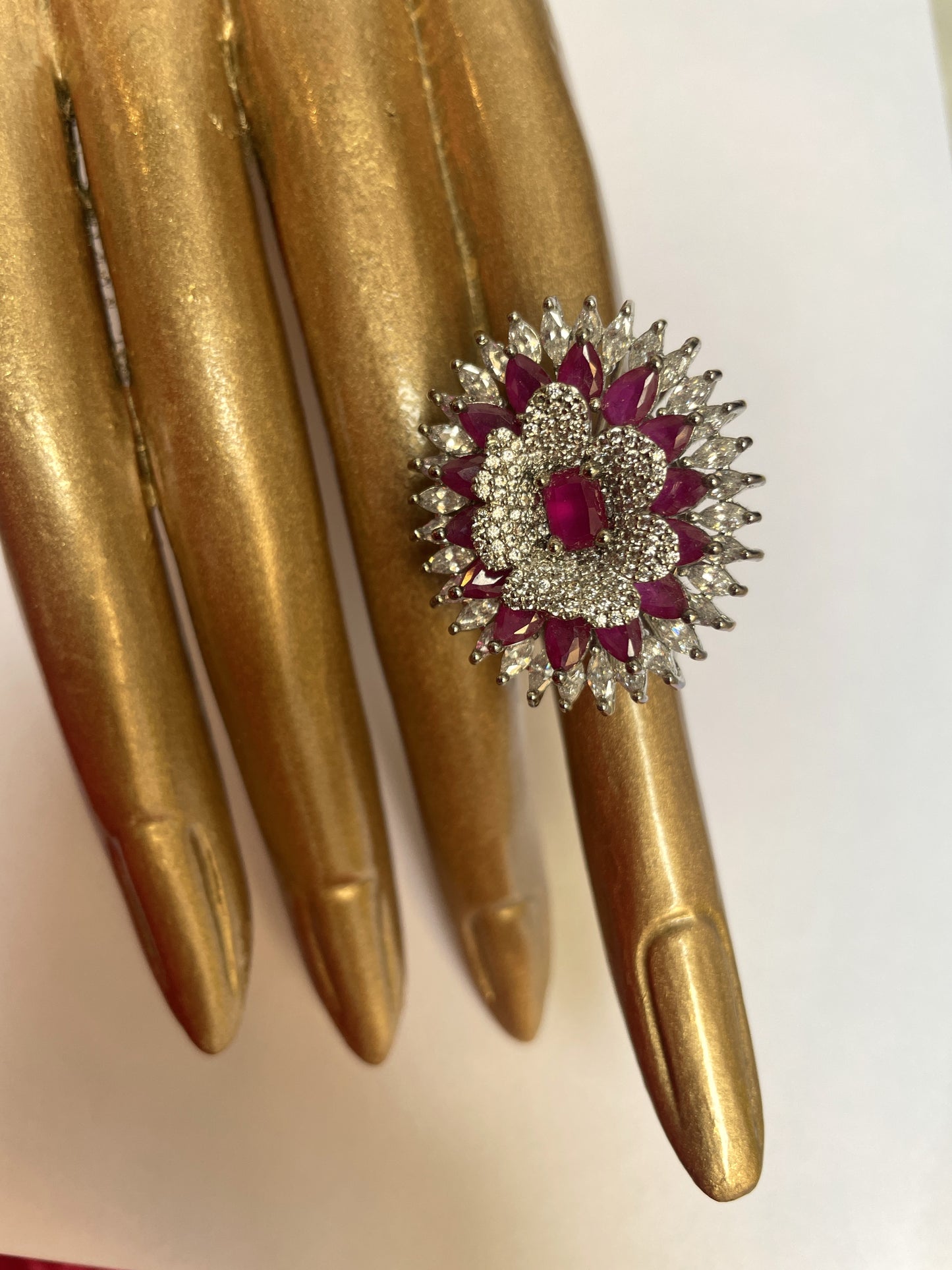 Zircon Floral Motif Ring with Pink Stones