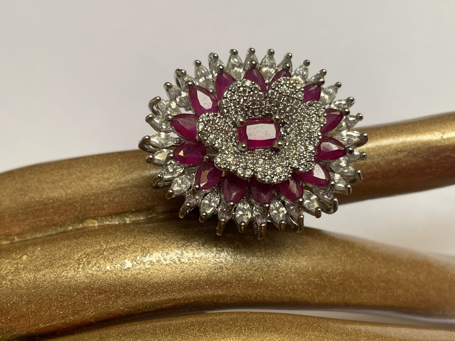 Zircon Floral Motif Ring with Pink Stones