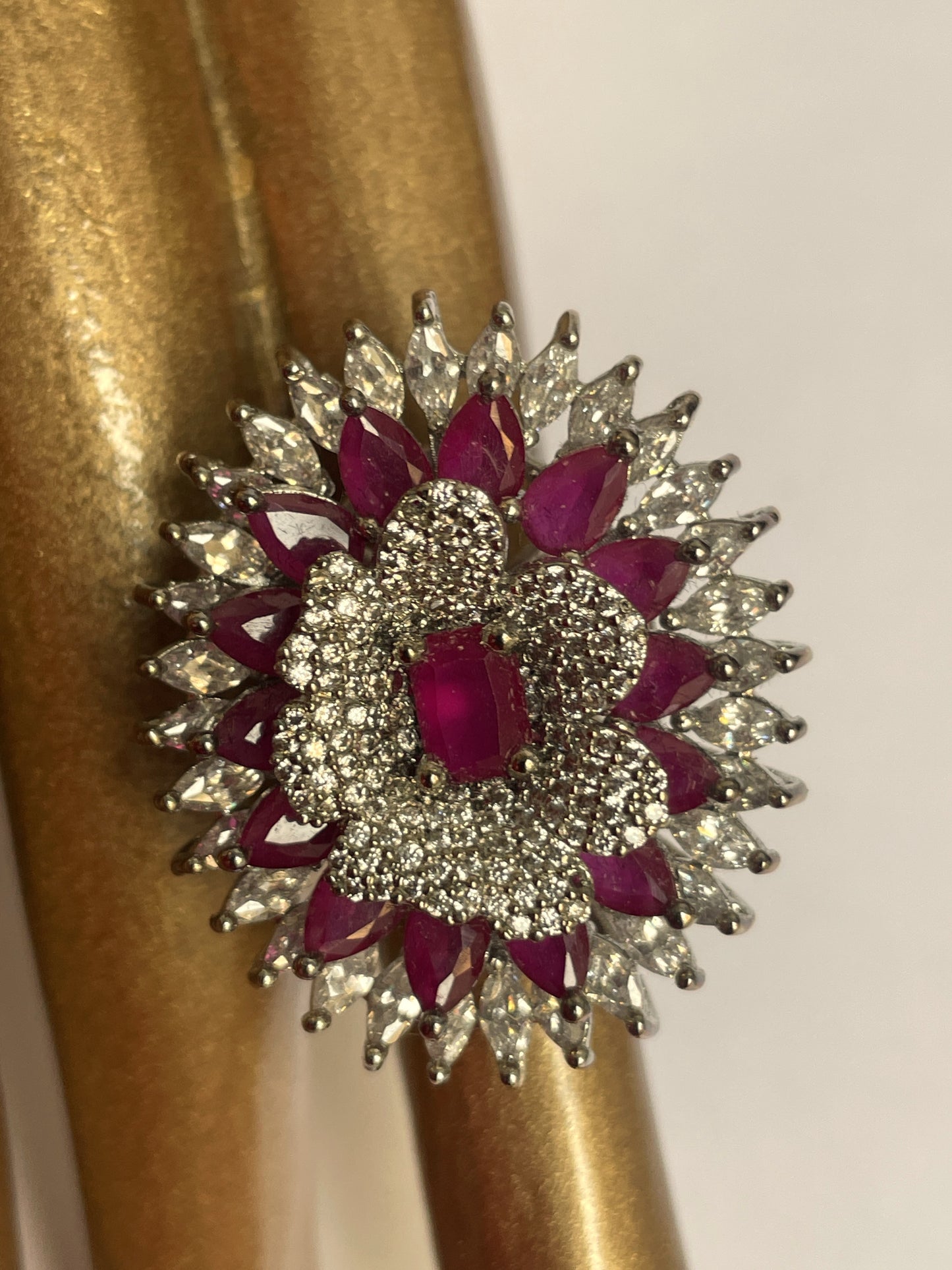 Zircon Floral Motif Ring with Pink Stones