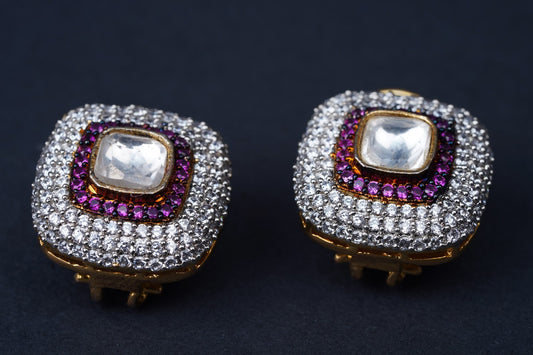 Gold Finish White and Red Zircon Studs