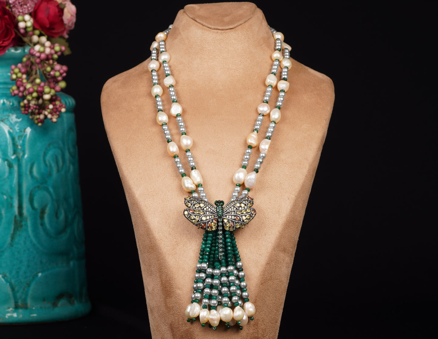 Long Pearl and Beaded Tassel Necklace with Studded Butterfly Motif