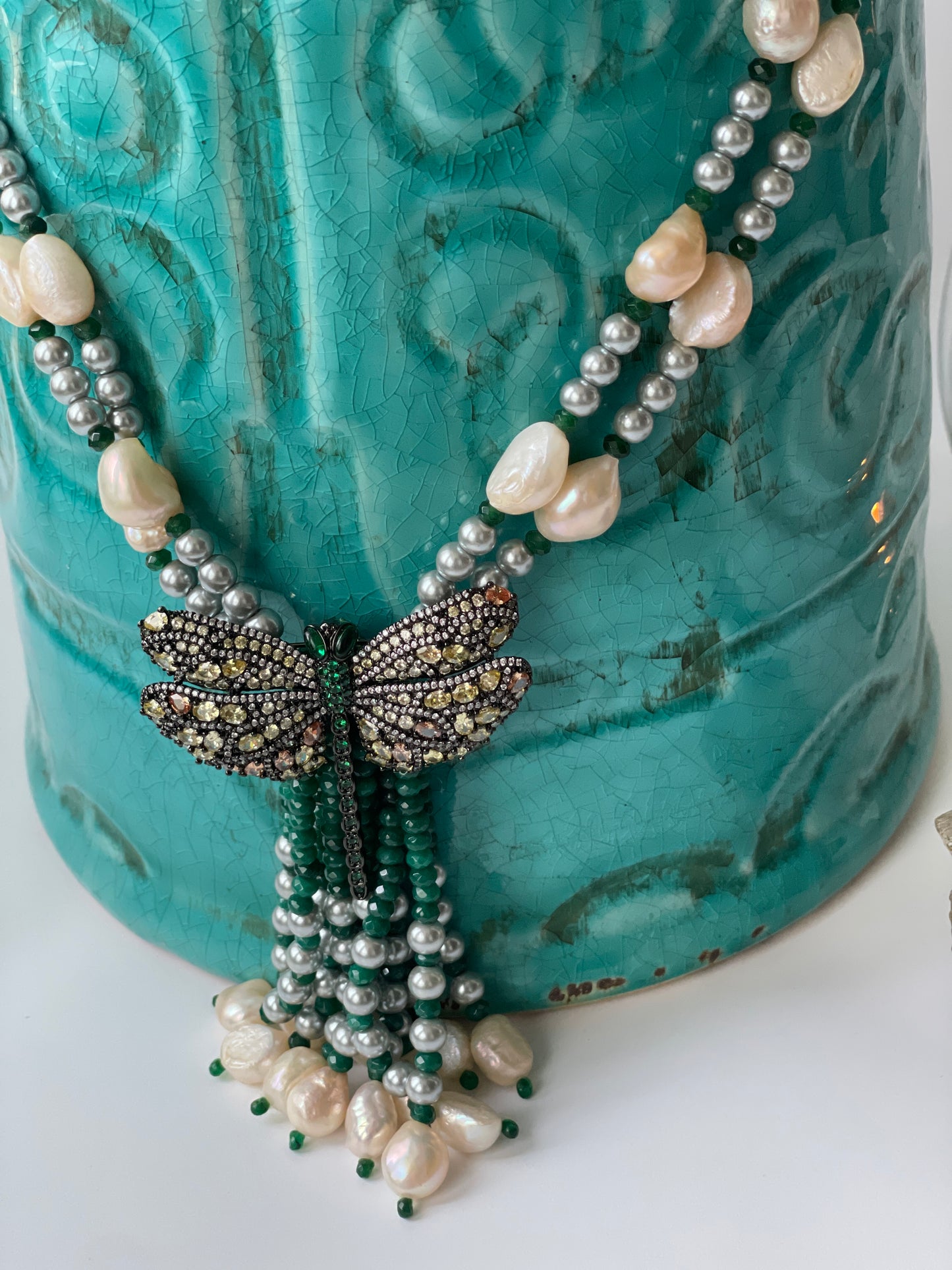 Long Pearl and Beaded Tassel Necklace with Studded Butterfly Motif